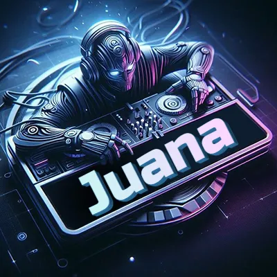 Estilo cyberpunk con DJ robot tocando, nombre en primer plano con iluminación neón. - Juan