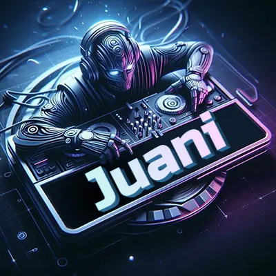 Estilo cyberpunk con DJ robot tocando, nombre en primer plano con iluminación neón. - Juani Estilo cyberpunk con DJ robot tocando, nombre en primer plano con iluminación neón. - Juani