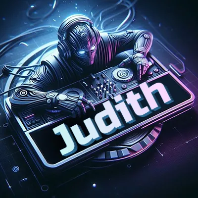 Estilo cyberpunk con DJ robot tocando, nombre en primer plano con iluminación neón. - Judith Estilo cyberpunk con DJ robot tocando, nombre en primer plano con iluminación neón. - Judith