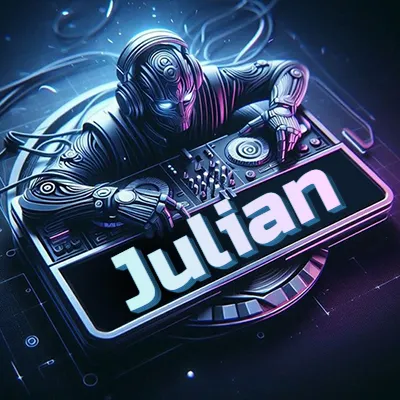 Personaje DJ robot con diseño futurista, usando auriculares y parado frente a una consola de música avanzada que emite luz azul neón y cables conectados. El nombre Julian está escrito en 3D destacado sobre la consola de música en la parte frontal de la imagen.