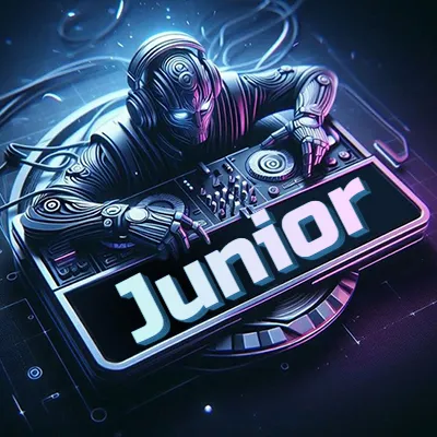 Estilo cyberpunk con DJ robot tocando, nombre en primer plano con iluminación neón. - Junior