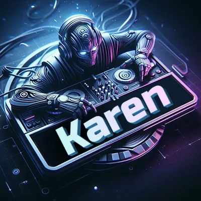 Estilo cyberpunk con DJ robot tocando, nombre en primer plano con iluminación neón. - Karen