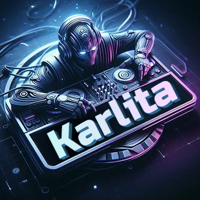 Estilo cyberpunk con DJ robot tocando, nombre en primer plano con iluminación neón. - Karlita