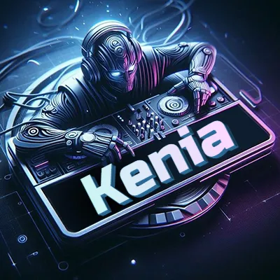 Estilo cyberpunk con DJ robot tocando, nombre en primer plano con iluminación neón. - Kenia