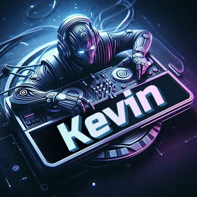 Estilo cyberpunk con DJ robot tocando, nombre en primer plano con iluminación neón. - Kevin