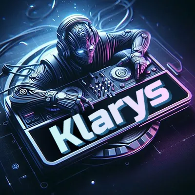 Estilo cyberpunk con DJ robot tocando, nombre en primer plano con iluminación neón. - Klarys