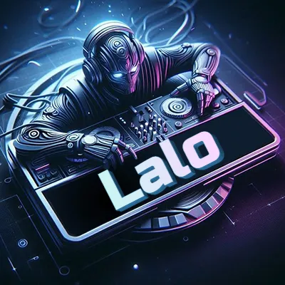 Estilo cyberpunk con DJ robot tocando, nombre en primer plano con iluminación neón. - Lalo