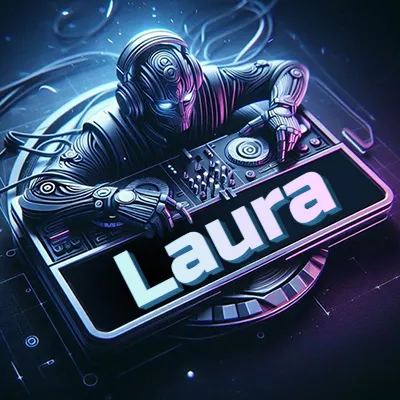Estilo cyberpunk con DJ robot tocando, nombre en primer plano con iluminación neón. - Laura