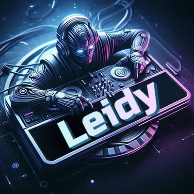 Estilo cyberpunk con DJ robot tocando, nombre en primer plano con iluminación neón. - Leidy Estilo cyberpunk con DJ robot tocando, nombre en primer plano con iluminación neón. - Leidy