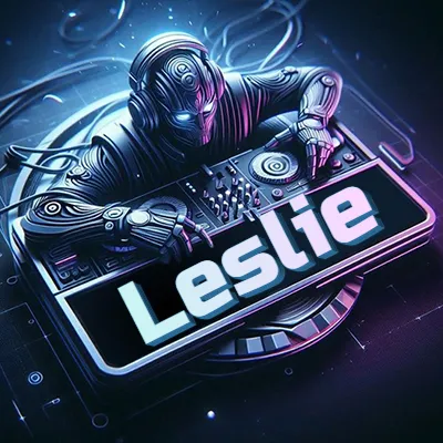 Estilo cyberpunk con DJ robot tocando, nombre en primer plano con iluminación neón. - Leslie
