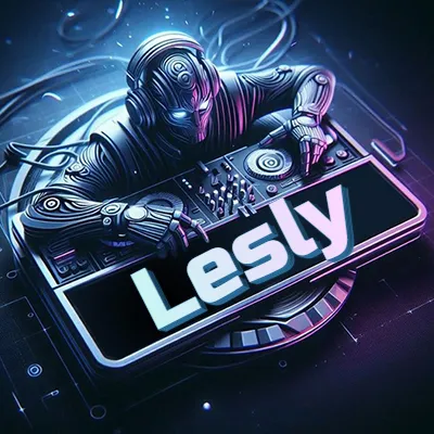 Estilo cyberpunk con DJ robot tocando, nombre en primer plano con iluminación neón. - Lesly Estilo cyberpunk con DJ robot tocando, nombre en primer plano con iluminación neón. - Lesly