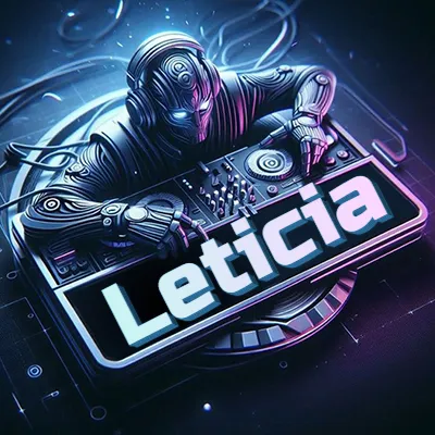 Estilo cyberpunk con DJ robot tocando, nombre en primer plano con iluminación neón. - Leticia