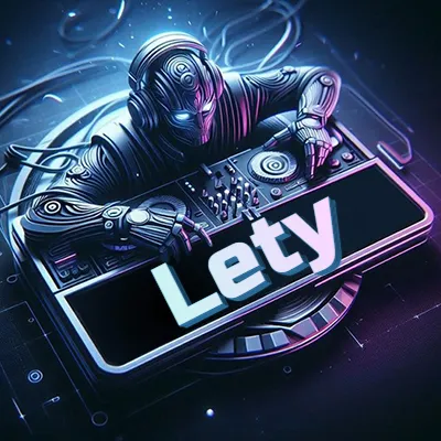 Estilo cyberpunk con DJ robot tocando, nombre en primer plano con iluminación neón. - Lety