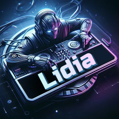 Estilo cyberpunk con DJ robot tocando, nombre en primer plano con iluminación neón. - Lidia Estilo cyberpunk con DJ robot tocando, nombre en primer plano con iluminación neón. - Lidia