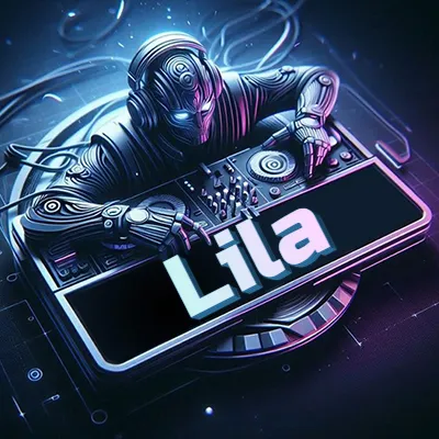 Estilo cyberpunk con DJ robot tocando, nombre en primer plano con iluminación neón. - Lila