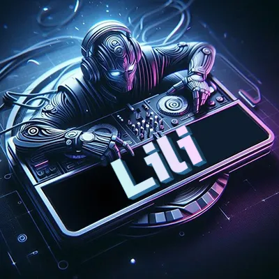 Personaje DJ robot con diseño futurista, usando auriculares y parado frente a una consola de música avanzada que emite luz azul neón y cables conectados. El nombre Lili está escrito en 3D destacado sobre la consola de música en la parte frontal de la imagen.