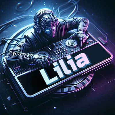 Estilo cyberpunk con DJ robot tocando, nombre en primer plano con iluminación neón. - Lili