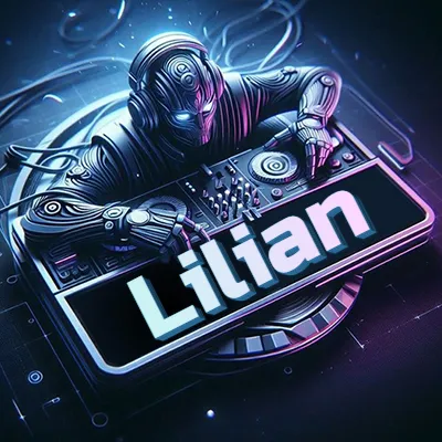 Estilo cyberpunk con DJ robot tocando, nombre en primer plano con iluminación neón. - Lilian
