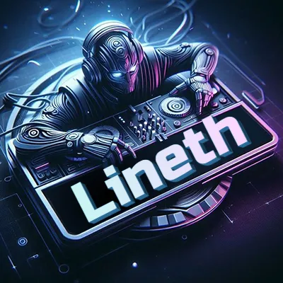 Estilo cyberpunk con DJ robot tocando, nombre en primer plano con iluminación neón. - Lineth
