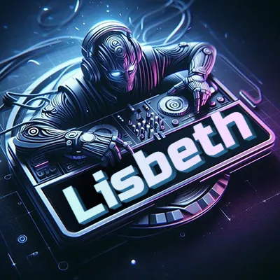 Estilo cyberpunk con DJ robot tocando, nombre en primer plano con iluminación neón. - Lisbeth