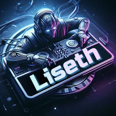 Estilo cyberpunk con DJ robot tocando, nombre en primer plano con iluminación neón. - Liseth