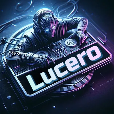 Estilo cyberpunk con DJ robot tocando, nombre en primer plano con iluminación neón. - Lucero