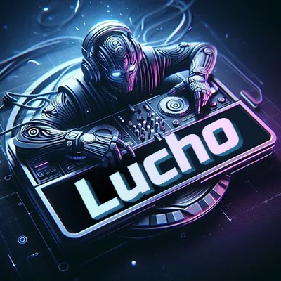 Estilo cyberpunk con DJ robot tocando, nombre en primer plano con iluminación neón. - Lucho