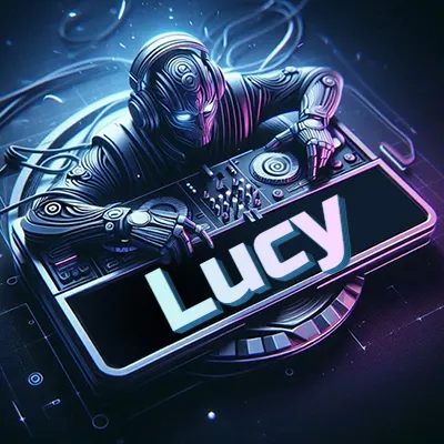 Estilo cyberpunk con DJ robot tocando, nombre en primer plano con iluminación neón. - Lucy