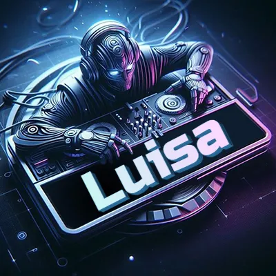 Personaje DJ robot con diseño futurista, usando auriculares y parado frente a una consola de música avanzada que emite luz azul neón y cables conectados. El nombre Luisa está escrito en 3D destacado sobre la consola de música en la parte frontal de la imagen.