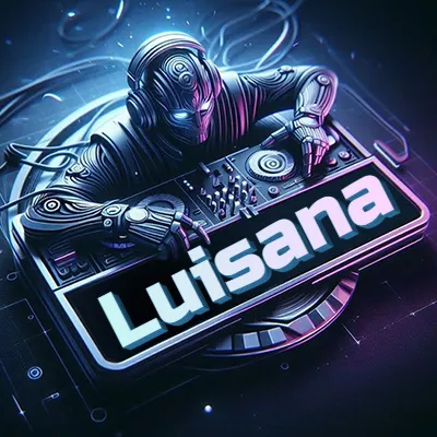 Estilo cyberpunk con DJ robot tocando, nombre en primer plano con iluminación neón. - Luisana