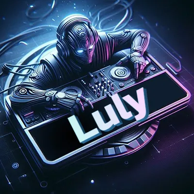 Estilo cyberpunk con DJ robot tocando, nombre en primer plano con iluminación neón. - Luly