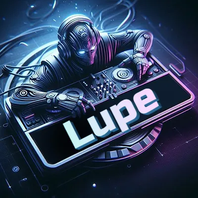 Estilo cyberpunk con DJ robot tocando, nombre en primer plano con iluminación neón. - Lupe