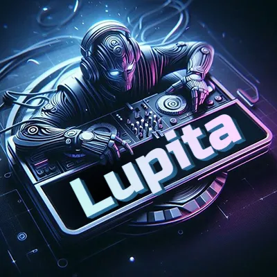 Estilo cyberpunk con DJ robot tocando, nombre en primer plano con iluminación neón. - Lupita