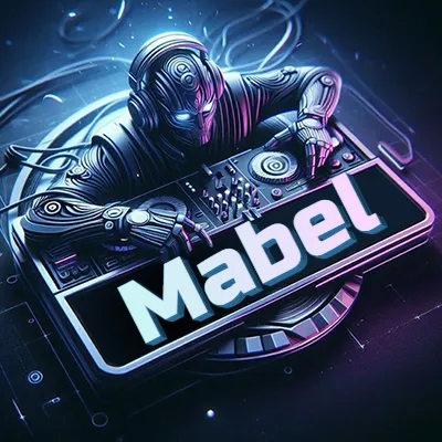 Estilo cyberpunk con DJ robot tocando, nombre en primer plano con iluminación neón. - Mabel