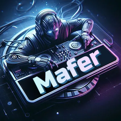 Estilo cyberpunk con DJ robot tocando, nombre en primer plano con iluminación neón. - Mafer