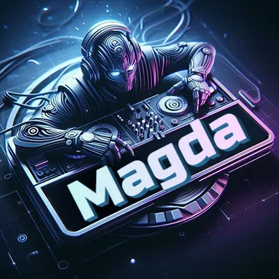 Estilo cyberpunk con DJ robot tocando, nombre en primer plano con iluminación neón. - Magda