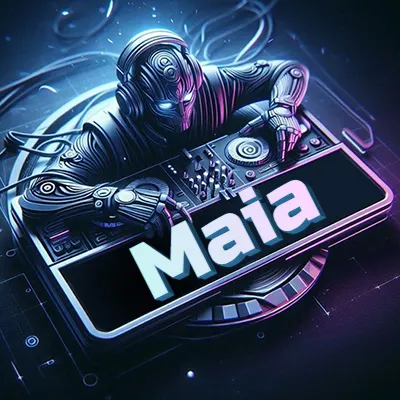 Estilo cyberpunk con DJ robot tocando, nombre en primer plano con iluminación neón. - Maia