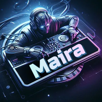 Estilo cyberpunk con DJ robot tocando, nombre en primer plano con iluminación neón. - Maira