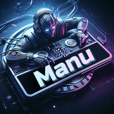 Personaje DJ robot con diseño futurista, usando auriculares y parado frente a una consola de música avanzada que emite luz azul neón y cables conectados. El nombre Manu está escrito en 3D destacado sobre la consola de música en la parte frontal de la imagen.