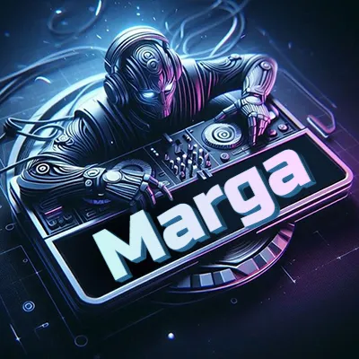 Personaje DJ robot con diseño futurista, usando auriculares y parado frente a una consola de música avanzada que emite luz azul neón y cables conectados. El nombre Marga está escrito en 3D destacado sobre la consola de música en la parte frontal de la imagen.