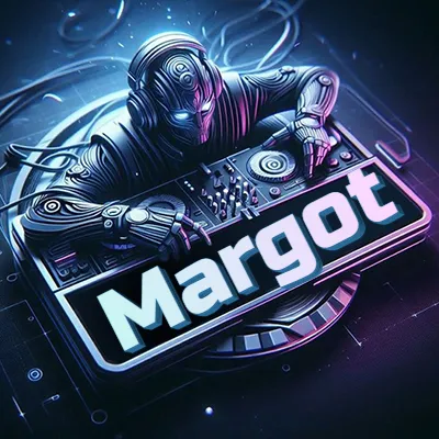 Estilo cyberpunk con DJ robot tocando, nombre en primer plano con iluminación neón. - Margot