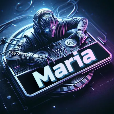 Personaje DJ robot con diseño futurista, usando auriculares y parado frente a una consola de música avanzada que emite luz azul neón y cables conectados. El nombre Maria está escrito en 3D destacado sobre la consola de música en la parte frontal de la imagen.