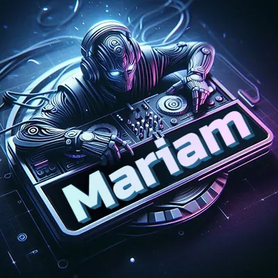 Estilo cyberpunk con DJ robot tocando, nombre en primer plano con iluminación neón. - Mariam