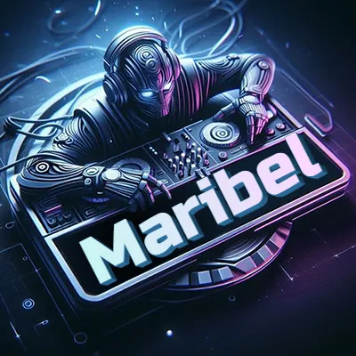 Estilo cyberpunk con DJ robot tocando, nombre en primer plano con iluminación neón. - Maribel