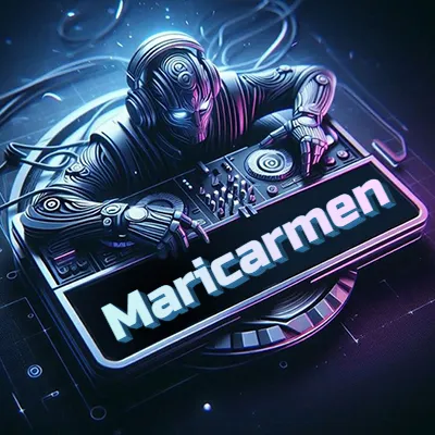 Estilo cyberpunk con DJ robot tocando, nombre en primer plano con iluminación neón. - Maricarmen