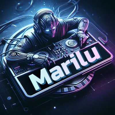 Estilo cyberpunk con DJ robot tocando, nombre en primer plano con iluminación neón. - Marilu