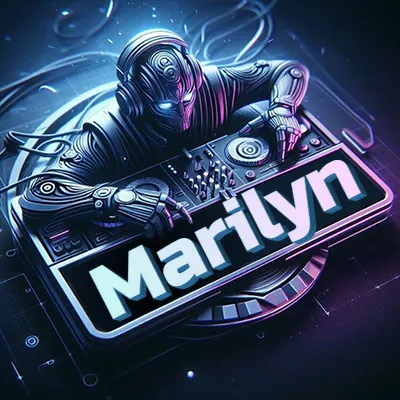 Estilo cyberpunk con DJ robot tocando, nombre en primer plano con iluminación neón. - Marilyn Estilo cyberpunk con DJ robot tocando, nombre en primer plano con iluminación neón. - Marilyn