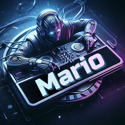 Estilo cyberpunk con DJ robot tocando, nombre en primer plano con iluminación neón. - Mario