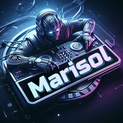 Estilo cyberpunk con DJ robot tocando, nombre en primer plano con iluminación neón. - Marisol Estilo cyberpunk con DJ robot tocando, nombre en primer plano con iluminación neón. - Marisol