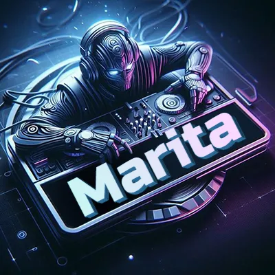 Estilo cyberpunk con DJ robot tocando, nombre en primer plano con iluminación neón. - Marita